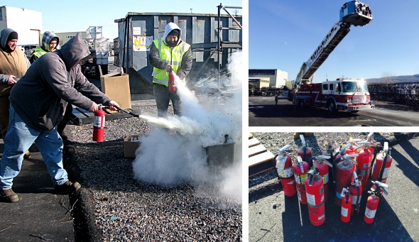 Getting a hands-on demonstration of fire extinguisher use and safety
